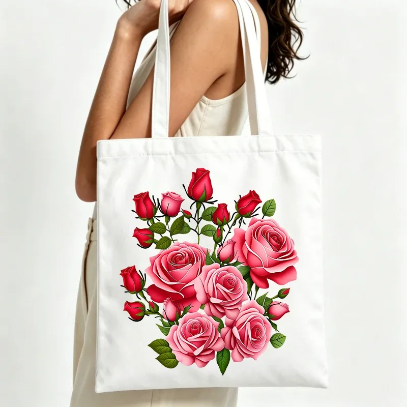 sac fourre-tout en toile avec imprimé de roses, idéal pour un usage quotidien décontracté et les sorties estivales