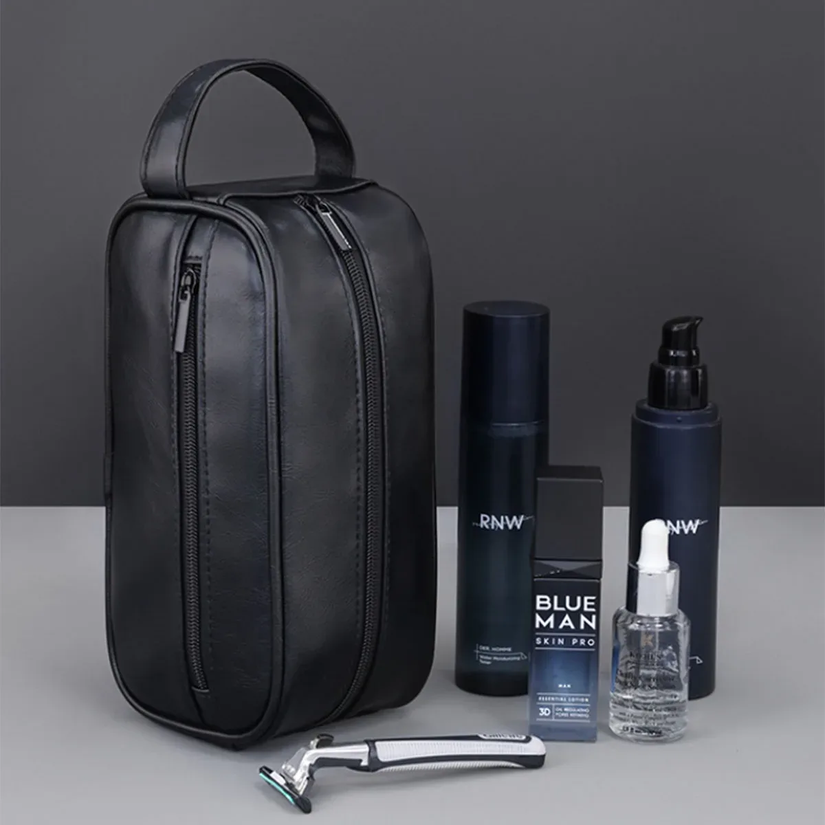 sac de toilette de voyage en cuir pu pour homme, sac de rasage portable imperméable, organiseur de cosmétiques multi-poches, trousse de toilette pour voyage
