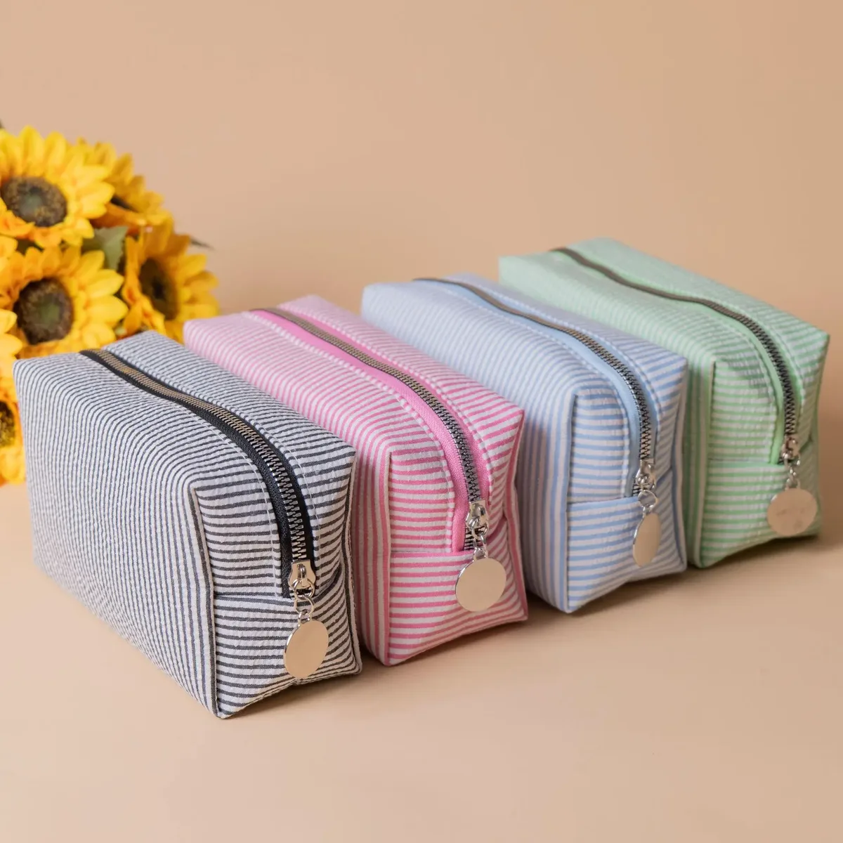 grande trousse de maquillage pour femmes en soie bulle à rayures roses, sac de rangement pour articles de toilette, sac diy pour collations et serviettes hygiéniques