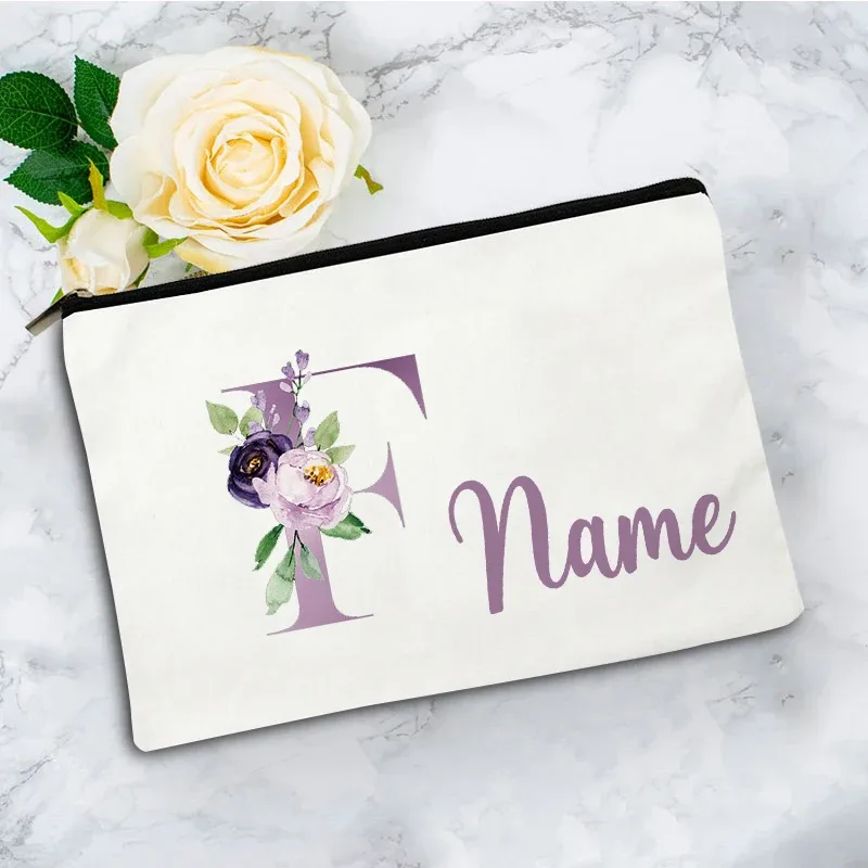 pochette de maquillage personnalisée violette à 26 motifs floraux, sac de toilette pour articles de voyage, cadeau de mariage ou d'anniversaire avec nom personnalisé