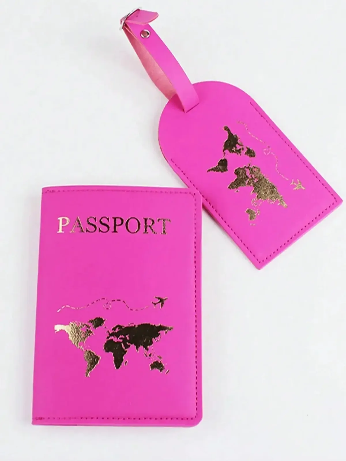 étiquette bagage cuir verni rose carte monde dorée voyage identification passeport porte nom adresse