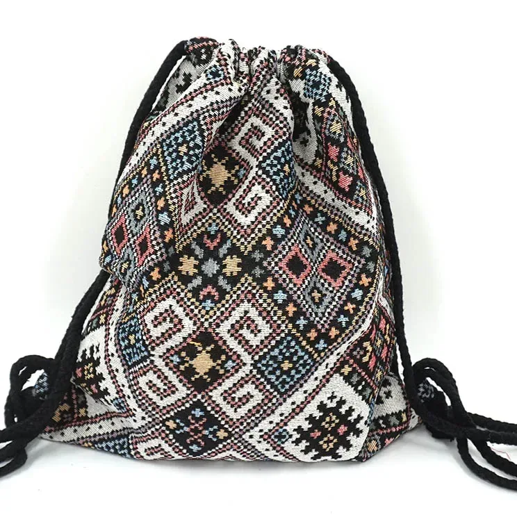 sac à dos en tissu pour femme 2026, style bohème chic, ethnique, tribal, ibiza, gypsy, aztec, doux, marron, avec cordon de serrage