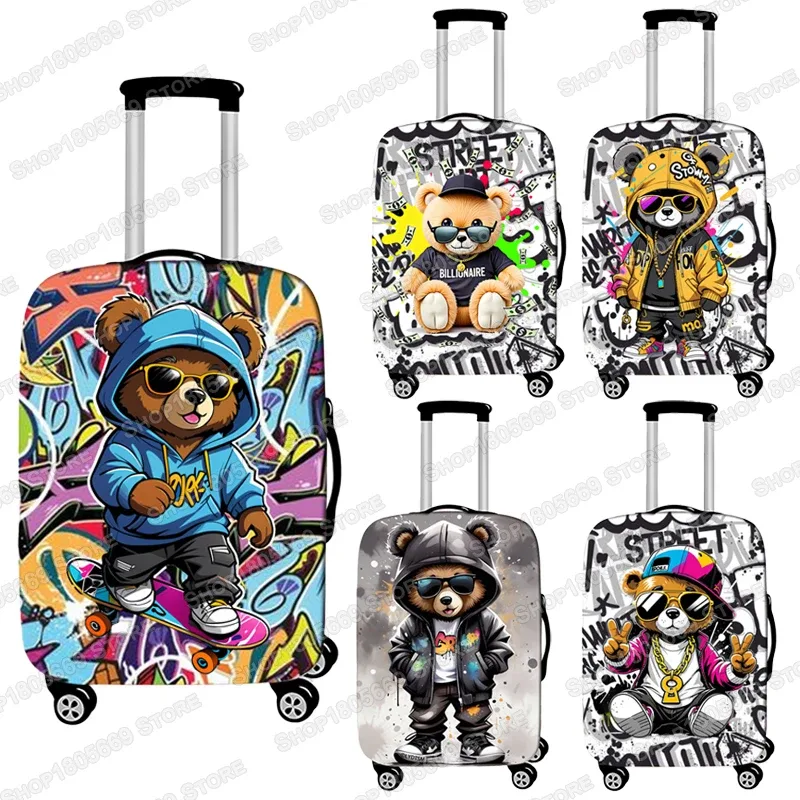 housse de valise élastique hip hop avec motif graffiti bear skateboarding et éclaboussures de peinture, protection pour valise à roulettes