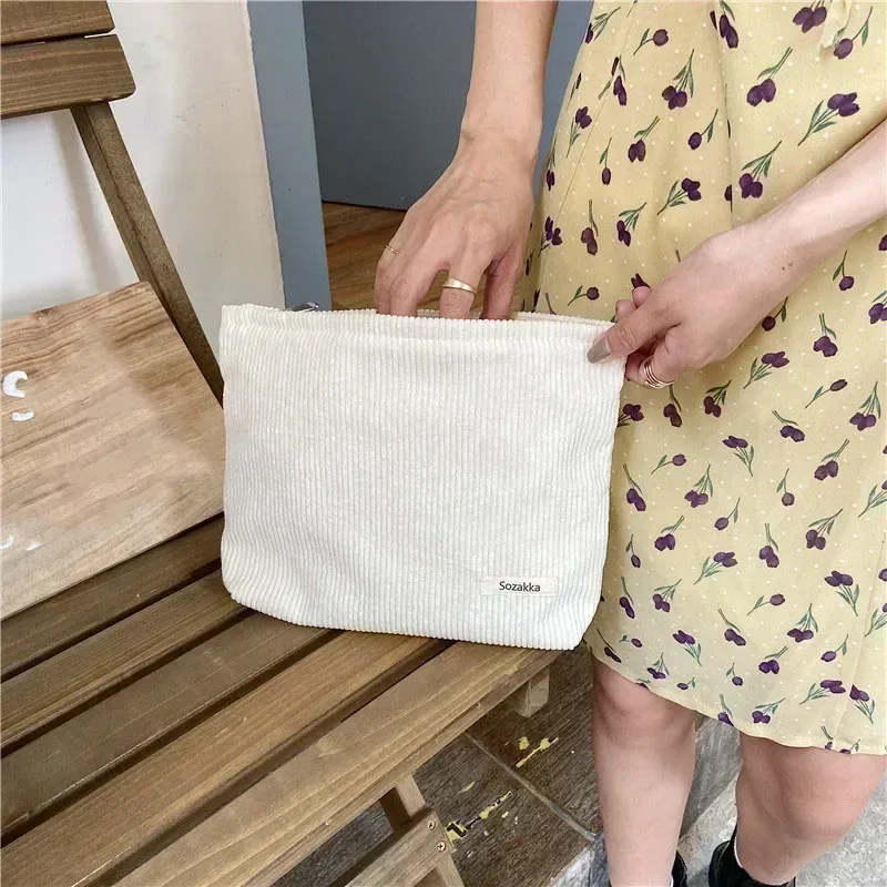sac à cosmétiques en velours côtelé pour femmes, grande capacité, organisateur de rangement de maquillage, pochette à fermeture éclair