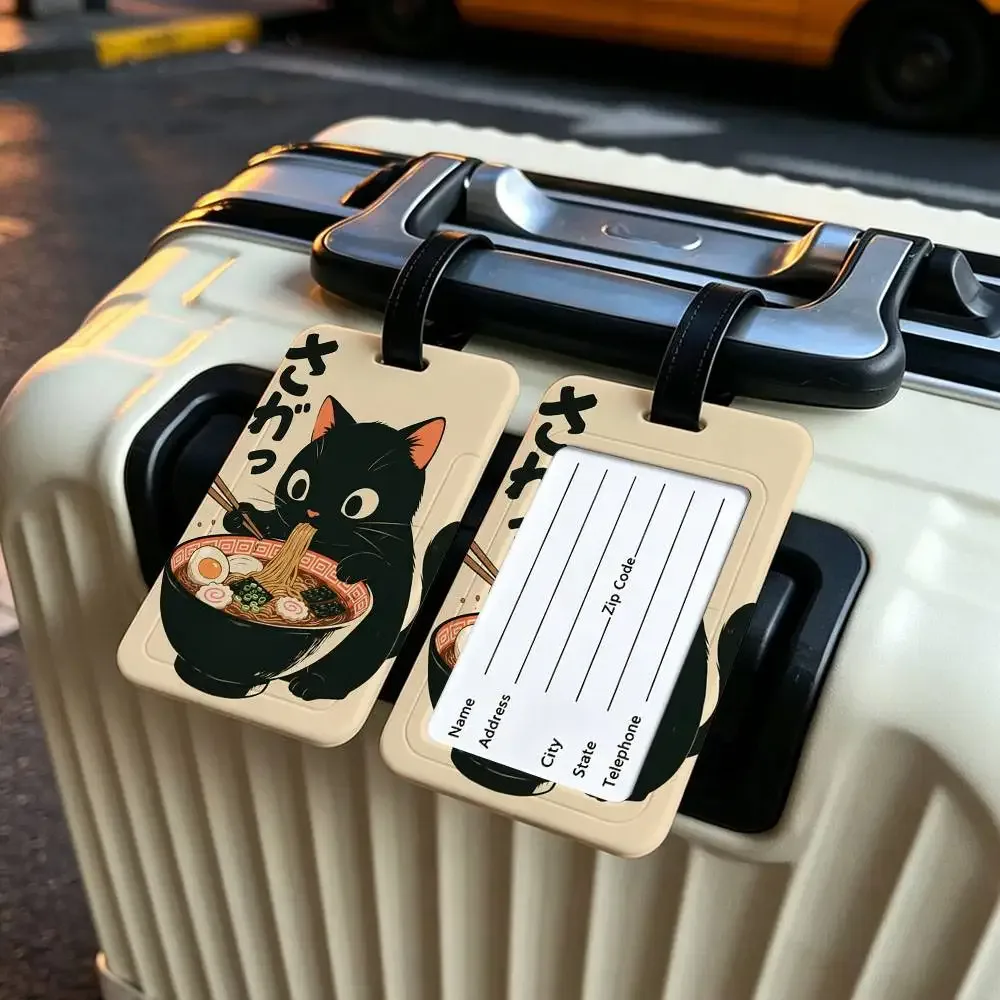 chat japonais mangeant des nouilles, étui pour carte d'information en toile imperméable, étiquette de bagage en pvc, identifiant anti-perte pour valise et sac à main