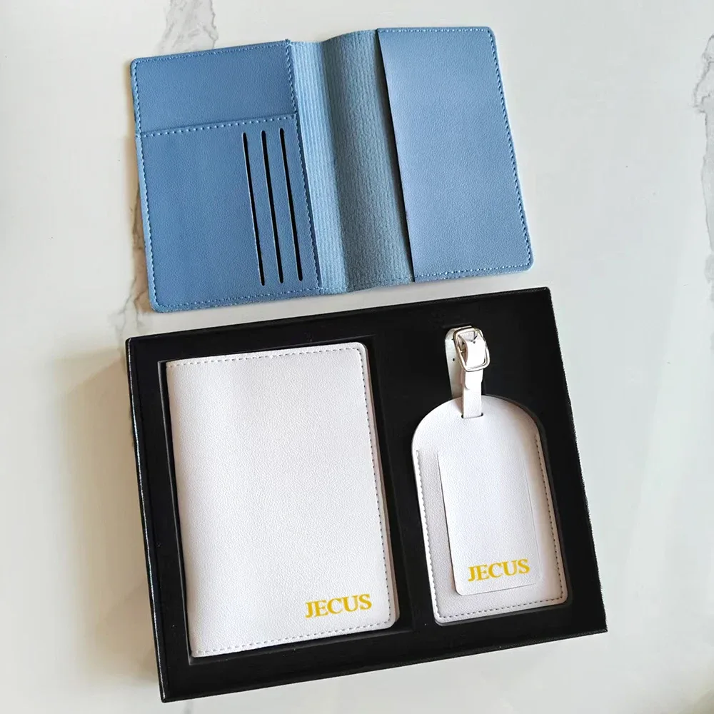 porte-passeport avec initiales personnalisées, ensemble d'étiquettes de valise de luxe, nom personnalisé, logo, cadeau, ensemble d'accessoires de voyage légers avec boîte