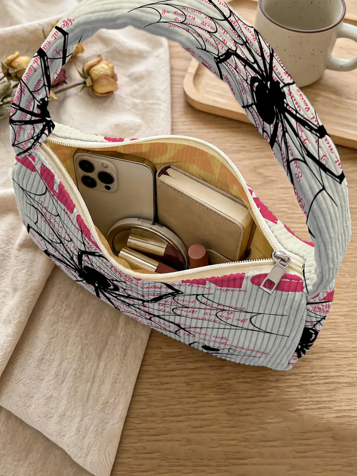 sac à bandoulière tendance à imprimé araignée, sac sous le bras en velours côtelé beige pour un usage quotidien décontracté