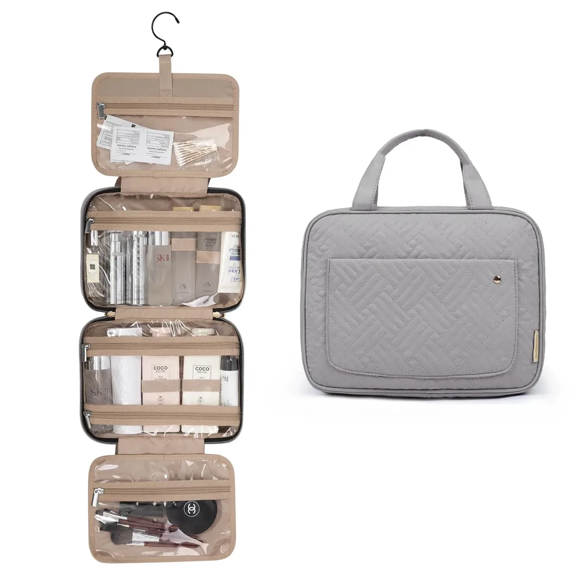 trousse toilette pvc compartiments transparents noire motif géométrique relief voyage cosmétiques maquillage rangement affaires week-end
