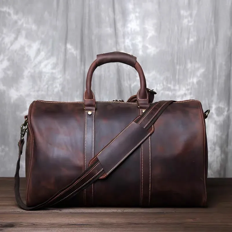 sac de voyage rétro en cuir pour hommes, sac à bagages de grande capacité en cuir de cheval fou, couche supérieure en peau de vache, sac diagonal portable pour hommes nzpj