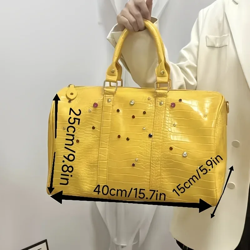 sacs à main décontractés, sacs de voyage, grande capacité, unisexe, sac à bandoulière, couleur jaune crocodile, orné de diamants et de pierres précieuses colorés.