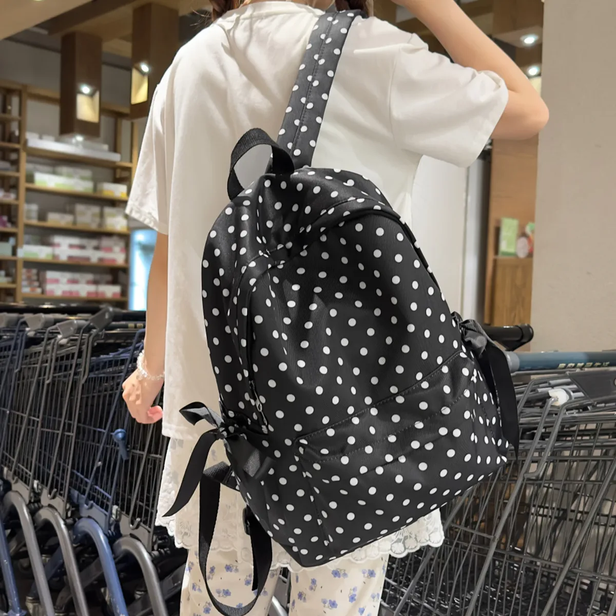 sac à dos scolaire mignon à pois, sac à dos en nylon kawaii, sac à dos esthétique pour filles, femmes, lycée, collège