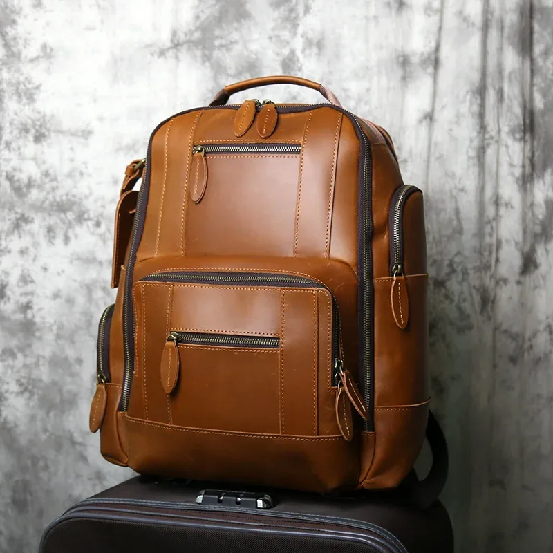 nzpj rétro en cuir véritable hommes sac à dos couche supérieure en peau de vache sac à dos mode hommes sac crazy horse peau voyage ordinateur sac