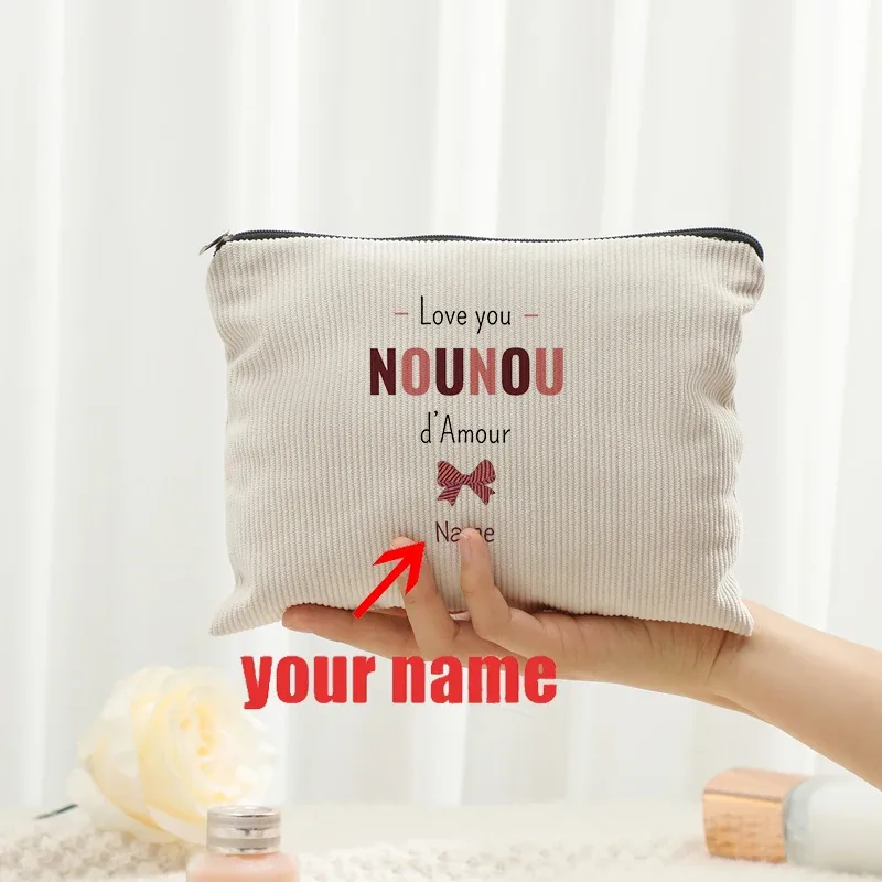 sac de maquillage personnalisé avec nom, lettres fleuries, motifs nounou, pochettes de toilette de voyage, nounou mère femmes, cadeau de remerciement de noël
