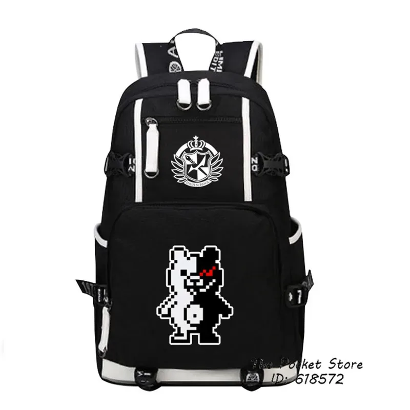 sac dos toile oxford noire dessin animé monokuma couronne ailes capacité 20 35 litres port usb bandes renfort blancs