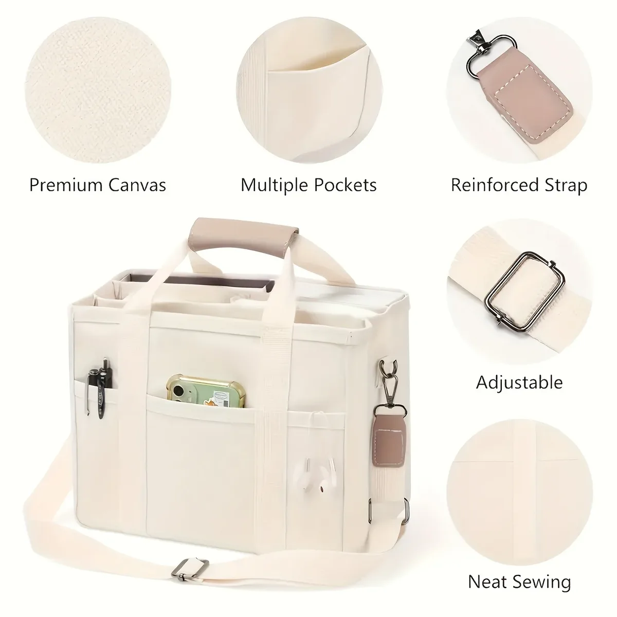 sac à bandoulière multi-poches de grande capacité avec compartiments, design de sac fourre-tout multifonctionnel, poignée robuste, beige