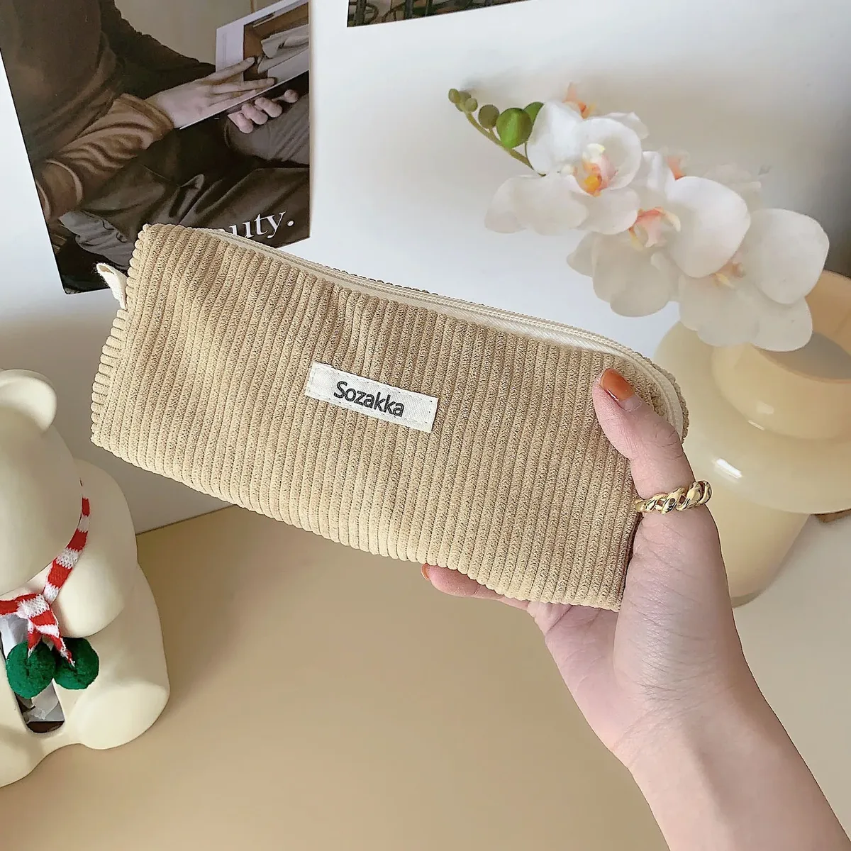 grand sac à cosmétiques en tissu velours côtelé pour femmes, pochette de maquillage pour filles, sac de voyage à main, étuis de rangement de rouge à lèvres, pochette à fermeture éclair pour téléphone