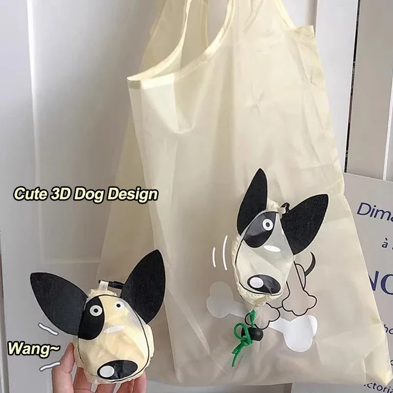 sac de courses pliable en forme de chien mignon, sac fourre-tout écologique en polyester durable pour les courses, sac à main portable et léger, pochette de rangement réutilisable