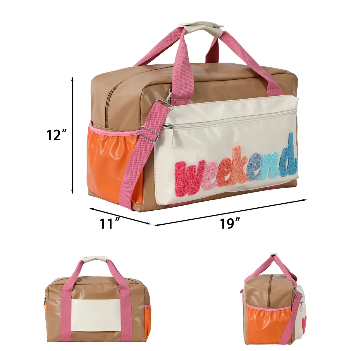 sac voyage nylon beige bandoulière amovible poignée supérieure week-end lettre brodee femmes vacances doux