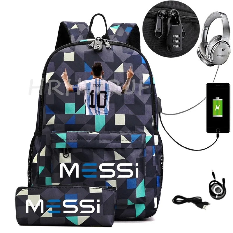 sac à dos de sport messi camouflage pour femmes et hommes, sac à dos pour ordinateur portable pour adolescents, étudiants, sac à dos orthopédique de voyage avec trousse à crayons 2 pièces