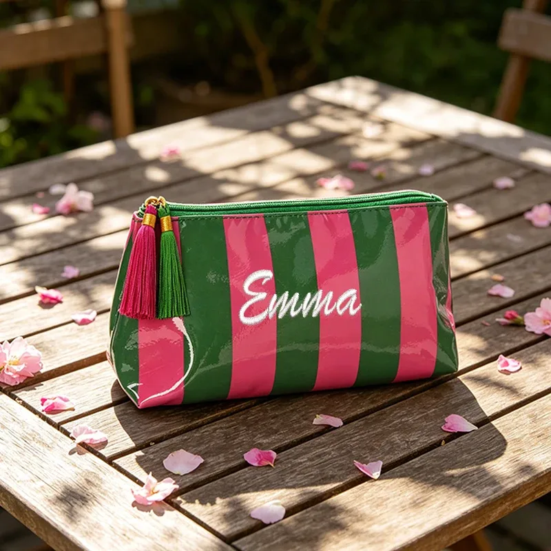 personnalisation de broderie / version standard, deux options, pochette rayée, trousse de maquillage exquise à fermeture éclair avec pompon, saison de rentrée scolaire, cadeau idéal