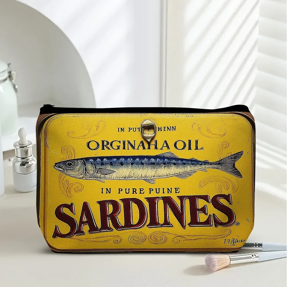pochette de maquillage vintage au design d'étiquette de sardine, motif rétro boîte de conserve de sardine, fermeture éclair, grande capacité, organiseur adapté aux sardines