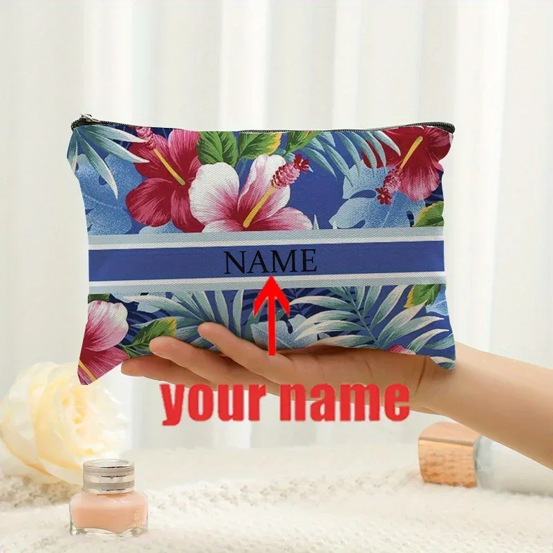 1 pièce trousse de maquillage personnalisée avec nom et motif floral imprimé, sac de rangement de voyage pour articles de toilette, organisateur de cadeaux de fête, pochette cosmétique