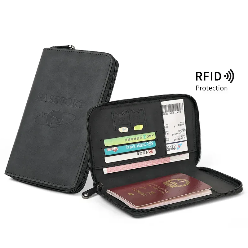 porte-passeport bloquant rfid, portefeuille en cuir pu, couverture de passeport, portable, multifonction, fermeture éclair, pince à billets, accessoire de voyage