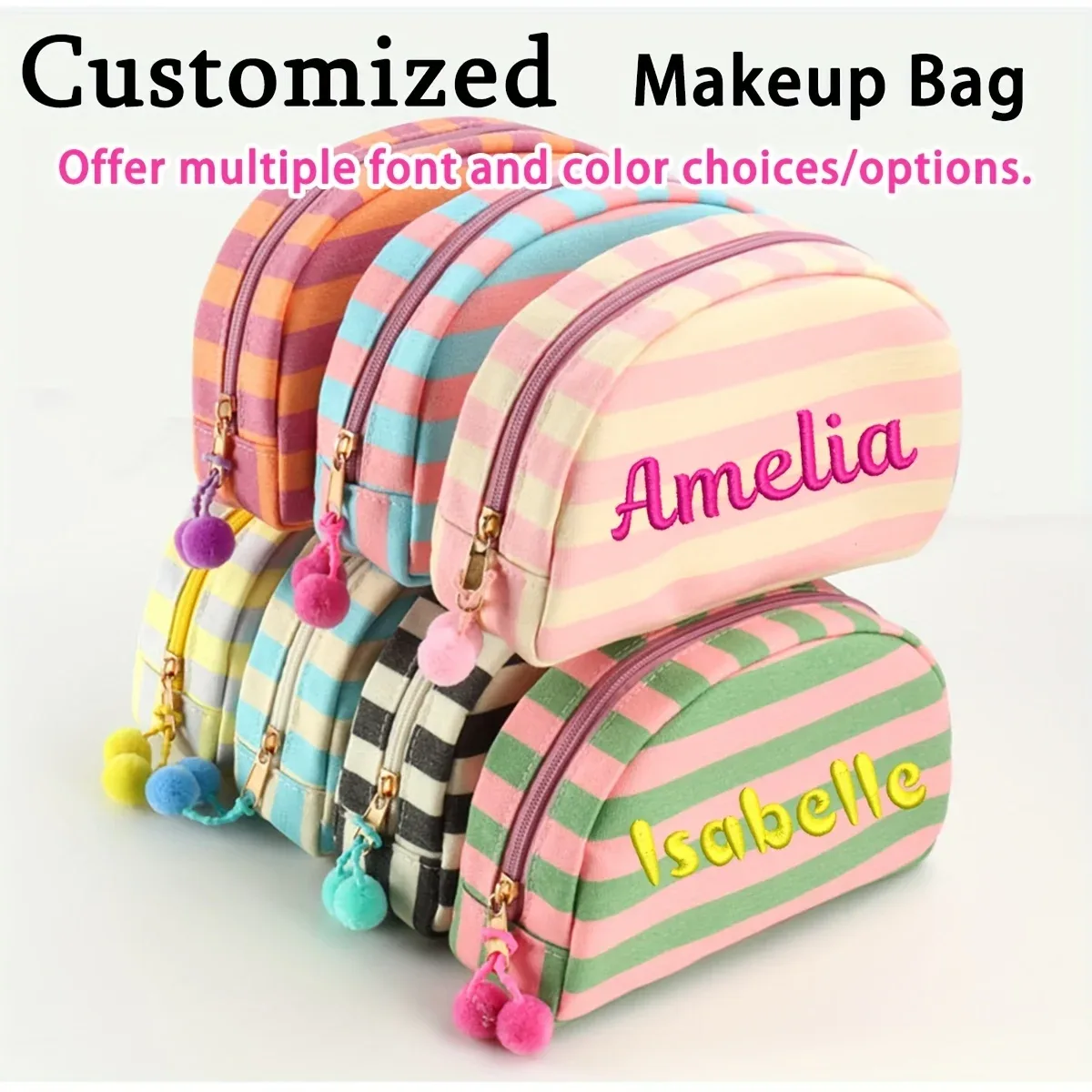 pochette de maquillage rayée brodée sur mesure, nom personnalisé, organiseur de toilette de voyage coloré, essentiels pour demoiselles d'honneur, pochette pour les vacances