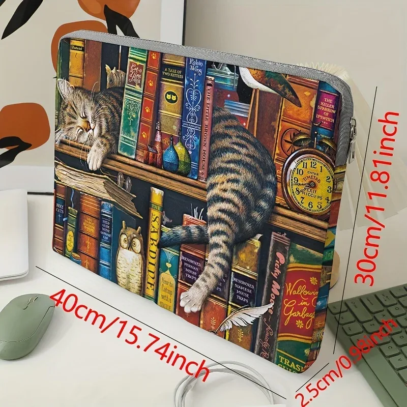 housse polyester ordinateur portable chat dormant livres colorés poignées noires transport originaux hibou livre ouvert horloge