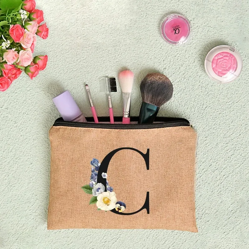 pochette en lin à fermeture éclair pour femmes, imprimé de lettres florales, étui de rangement de voyage, sac à cosmétiques, trousse de maquillage, sacs de maquillage de demoiselle d'honneur