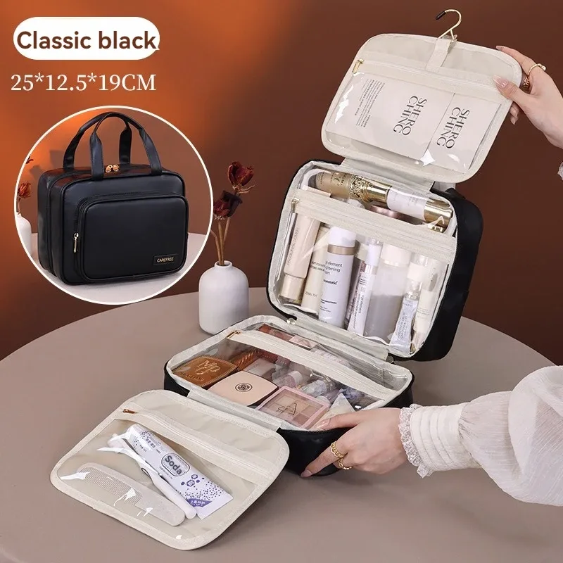 nouveau sac à cosmétiques suspendu en cuir pu pour femmes, rangement portable, organisateur de maquillage, sacs de rangement de toilette de voyage de grande capacité