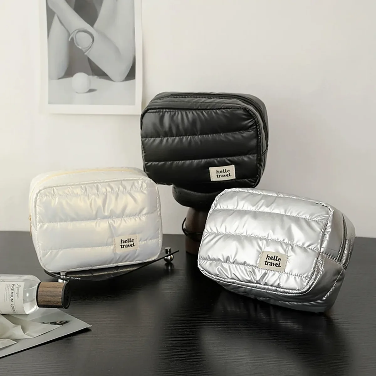 trousse de maquillage puffer, organisateur de voyage, sac de rangement cosmétique léger avec fermeture éclair, trousse de toilette portable pour femmes