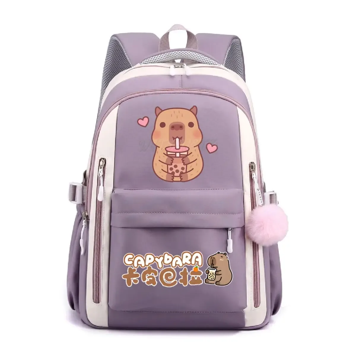 sac dos nylon dessin animé capybara pompon bandes colorées bleu clair rose violet décontracté ordinateur poches ouvertes