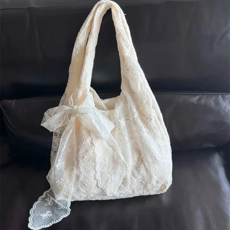 sac fourre-tout en toile style coréen avec dentelle florale, grande capacité, sac à bandoulière pour femme, sac de navetteur, sac de style universitaire