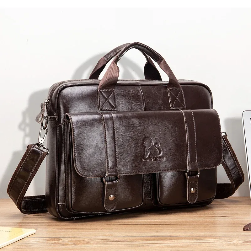 Porte-documents pour homme en cuir véritable avec deux poches avant, sac pour ordinateur de grande capacité, sac à main diagonal