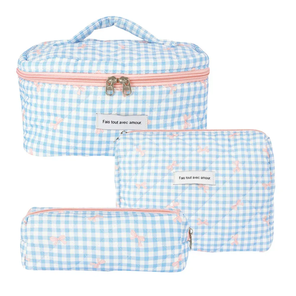 3 pièces sac de maquillage nœud papillon matelassé femmes sacs à cosmétiques portable fermeture éclair maquillage organisateur de voyage sac à main de rangement pochette de toilette 2025