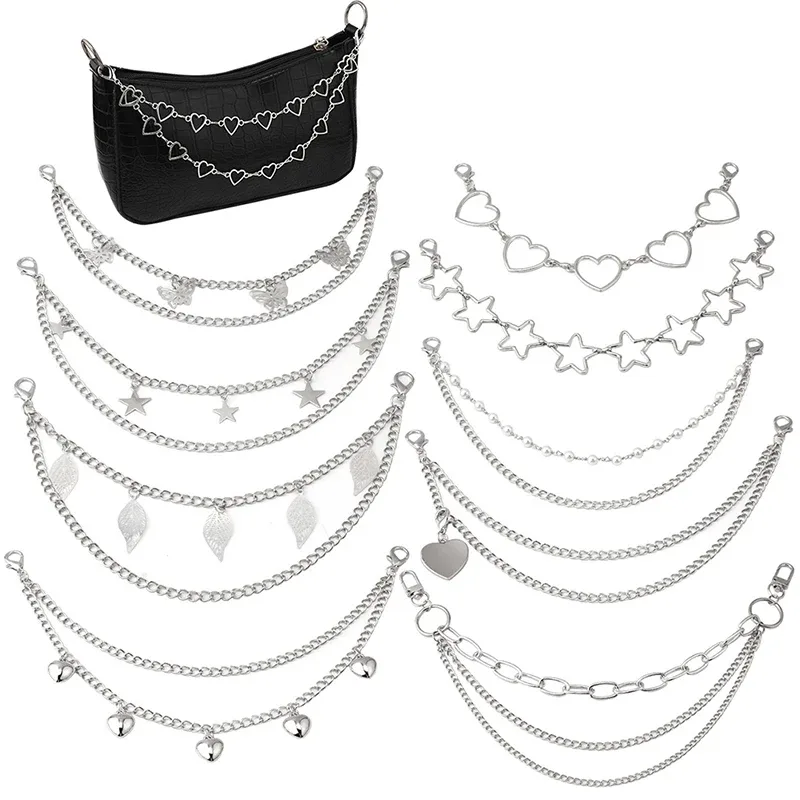 nouvelle sangle chaîne métallique multi-couches diy avec pendentifs papillon, cœur et étoile pour sac à bandoulière