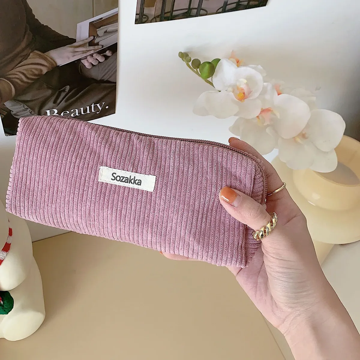 grand sac à cosmétiques en tissu velours côtelé pour femmes, pochette de maquillage pour filles, sac de voyage à main, étuis de rangement de rouge à lèvres, pochette à fermeture éclair pour téléphone
