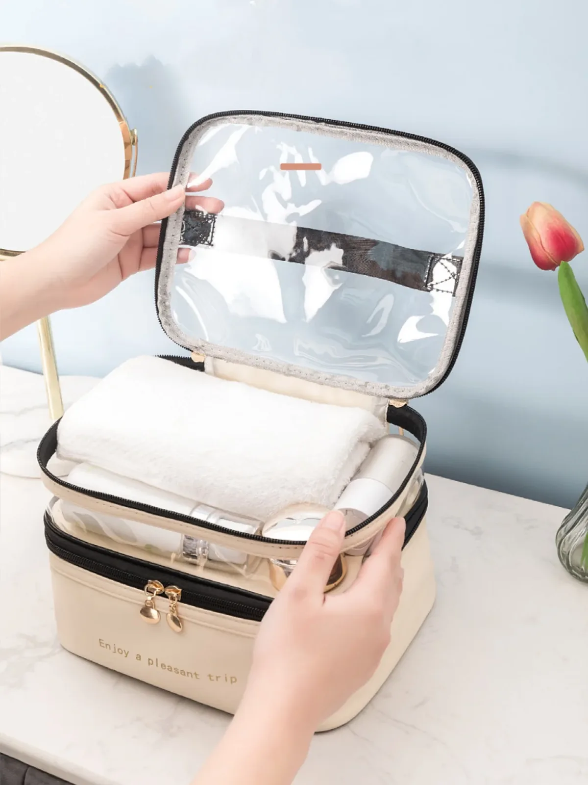 sac à cosmétiques portable de grande capacité, sac de toilette double transparent, sac de maquillage étanche, sac de rangement de voyage