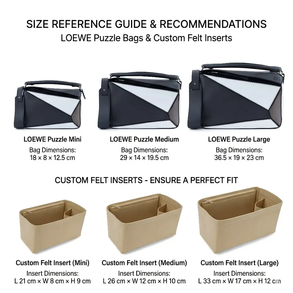 organisateur de sac à main en feutre avec fermeture éclair, multi-poches, compatible avec les sacs à main loewe puzzle small medium