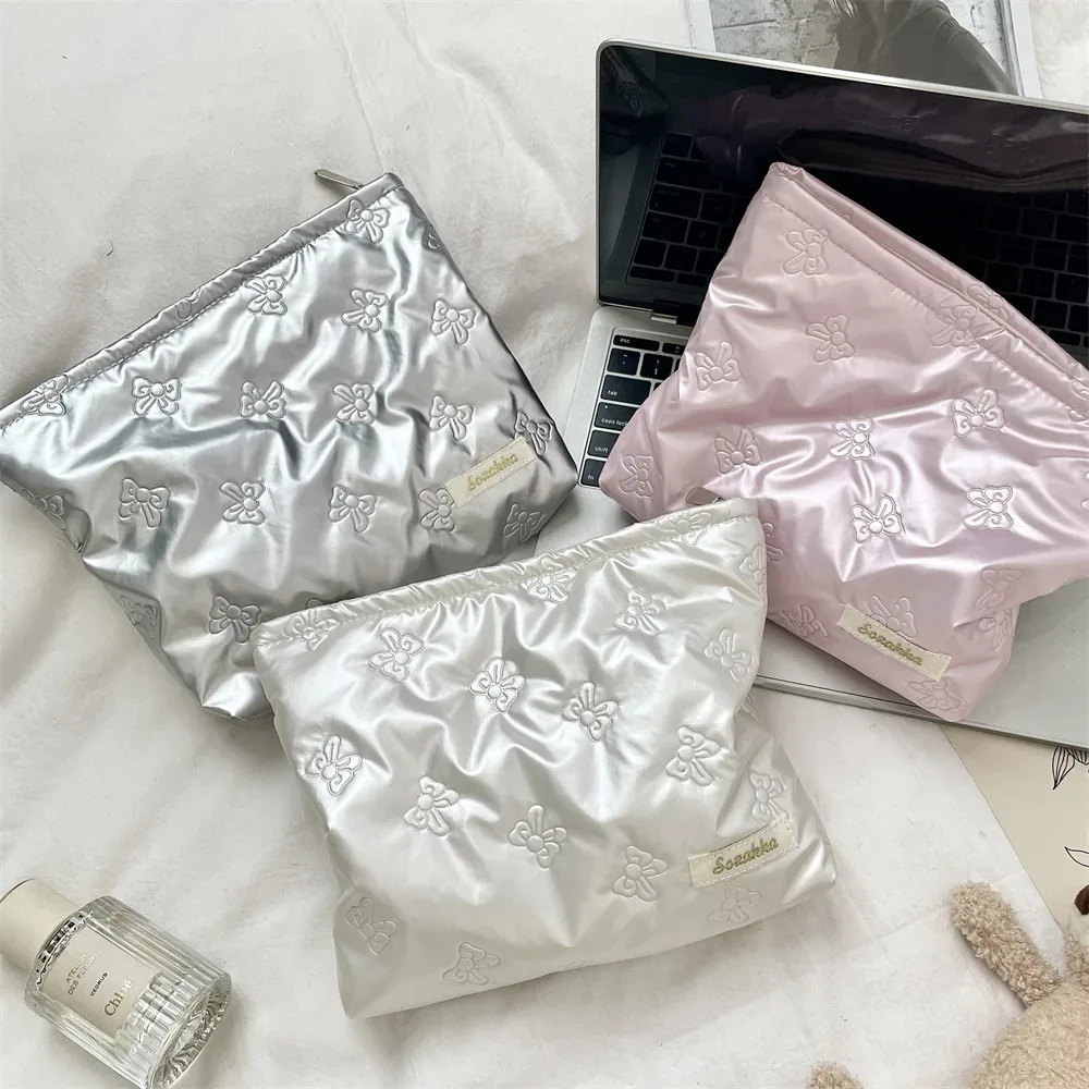 trousse de maquillage en pu matelassé de style coréen, pochette cosmétique brillante en forme de cœur avec nœud, rangement esthétique y2k pour femmes et filles