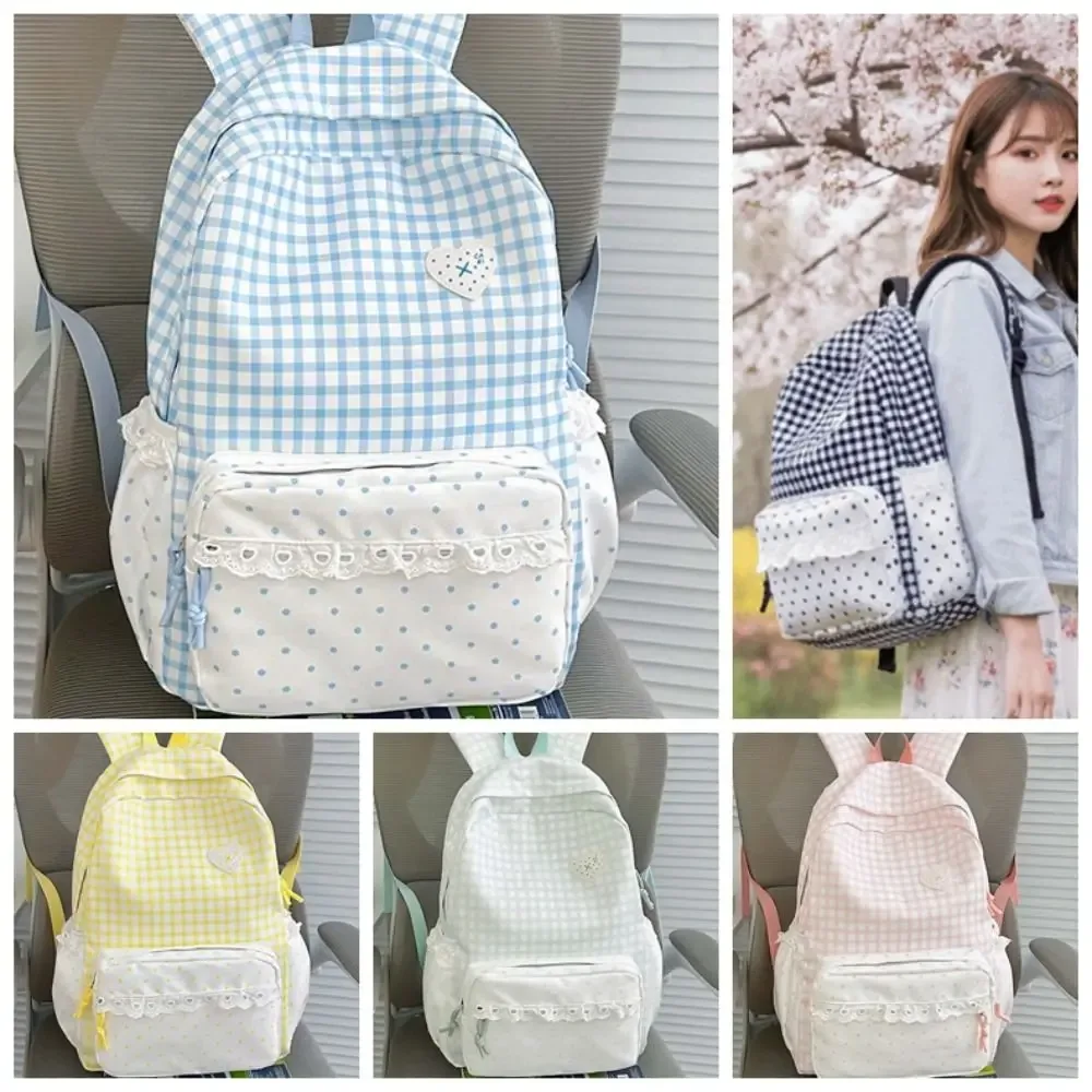 sac à dos coréen à carreaux gingham, design à volants, couleurs pastel, sac d'école en dentelle, bretelles réglables, sac à dos à pois et à carreaux pour le quotidien et les voyages