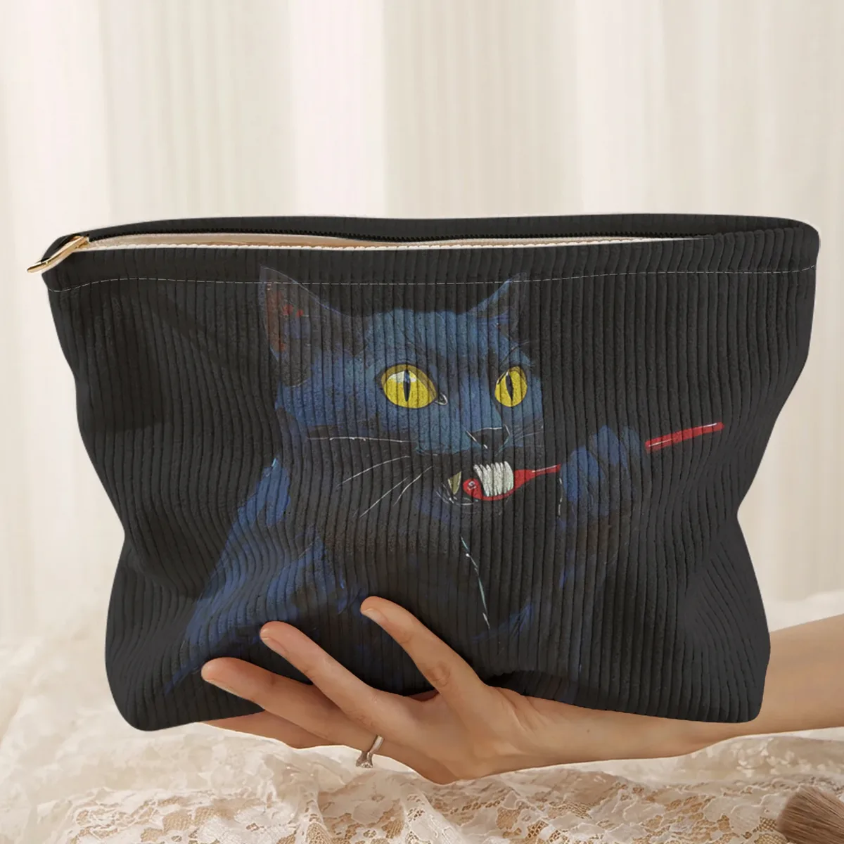 1 pièce, trousse de maquillage en velours côtelé à motif de chat noir, boîte de rangement légère à fermeture éclair, sac multifonctionnel avec doublure