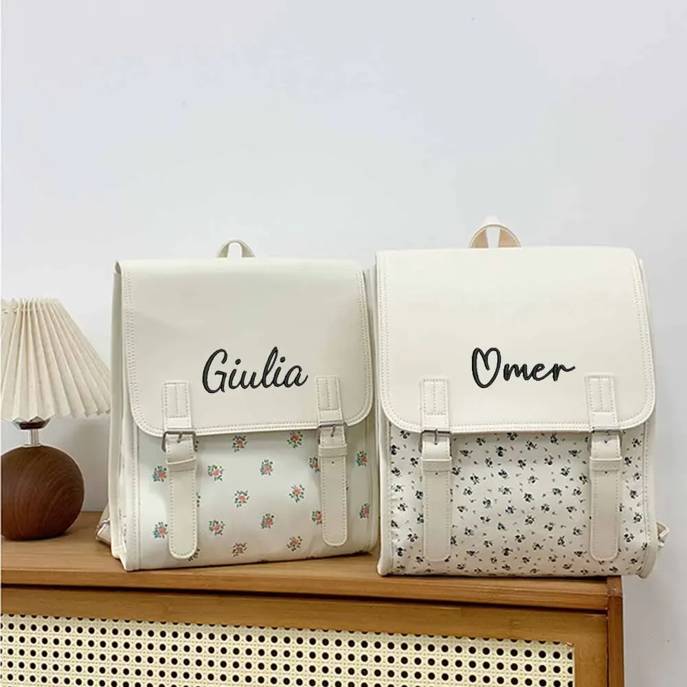 ins petit sac à dos en pu à fleurs, sac d'ordinateur de grande capacité avec nom personnalisé version coréenne, sac à dos de loisirs de voyage pour étudiants