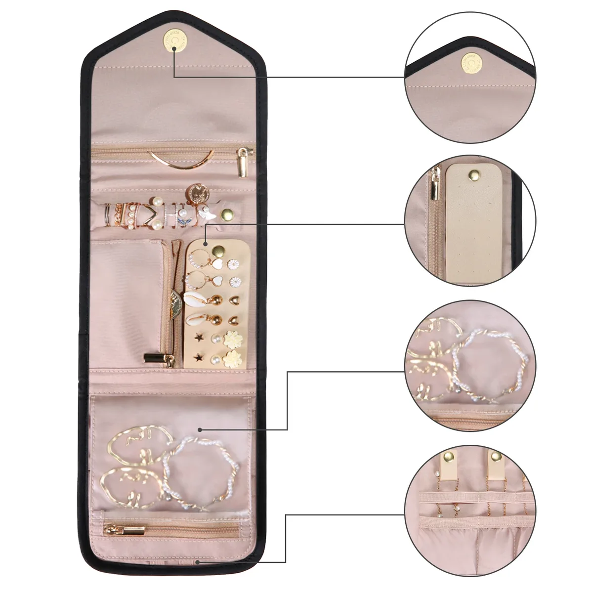 trousse toilette flanelle polyester noire beige geometrique matelasse portable voyage cosmétiques bijoux ornement doré perles blancs