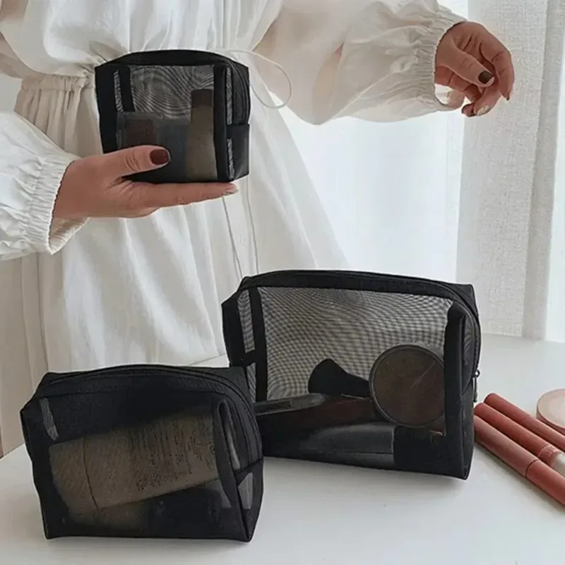 sac à cosmétiques en maille pour femmes, rangement de voyage, sac de maquillage, organisateur, pochette de maquillage portable, petite et grande trousse de toilette et de beauté