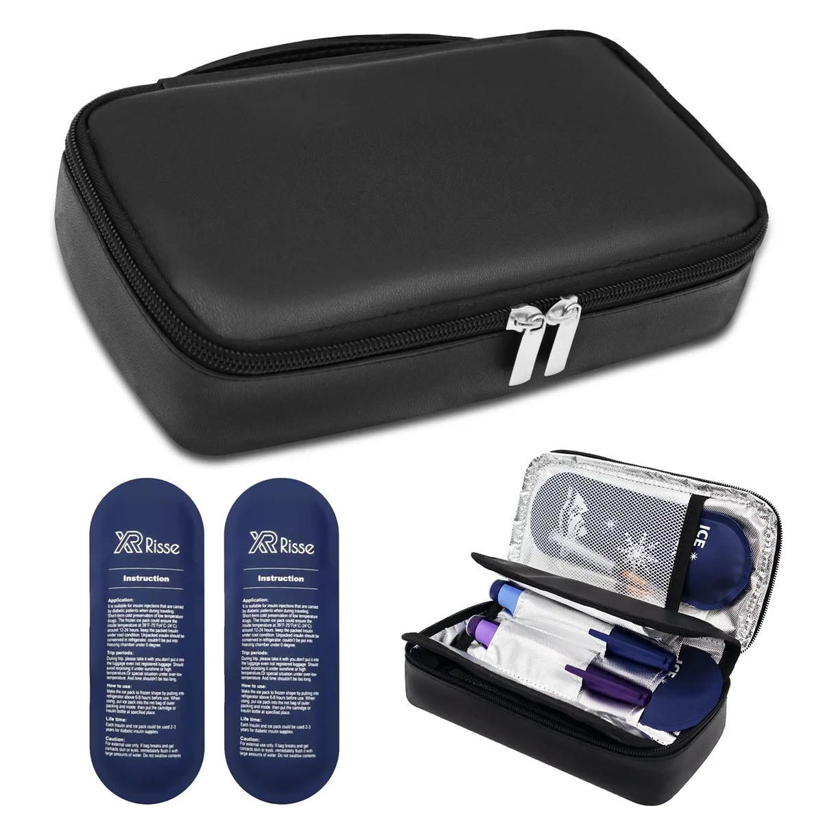 sac à insuline pour diabétiques – étui double couche en cuir pu pour stylos à insuline, kits de test, organisateur médical de voyage avec poignée