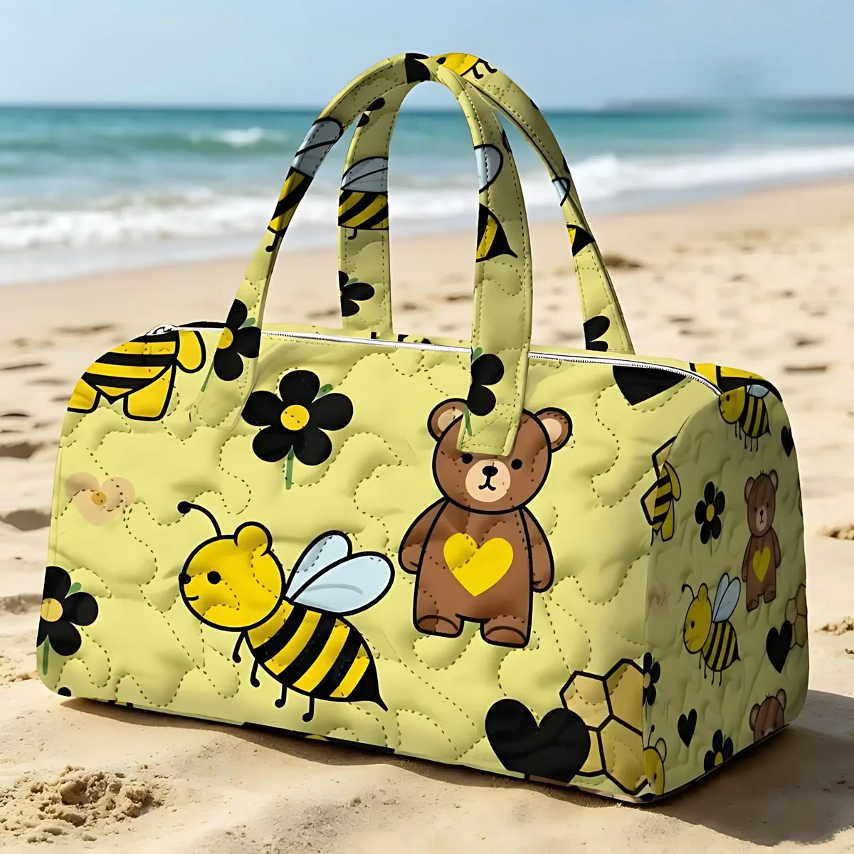 tissu imprimé avec motif d’abeilles et d’ours, grande capacité, portable, polyvalent et à la mode, idéal pour les sacs à main de voyage.