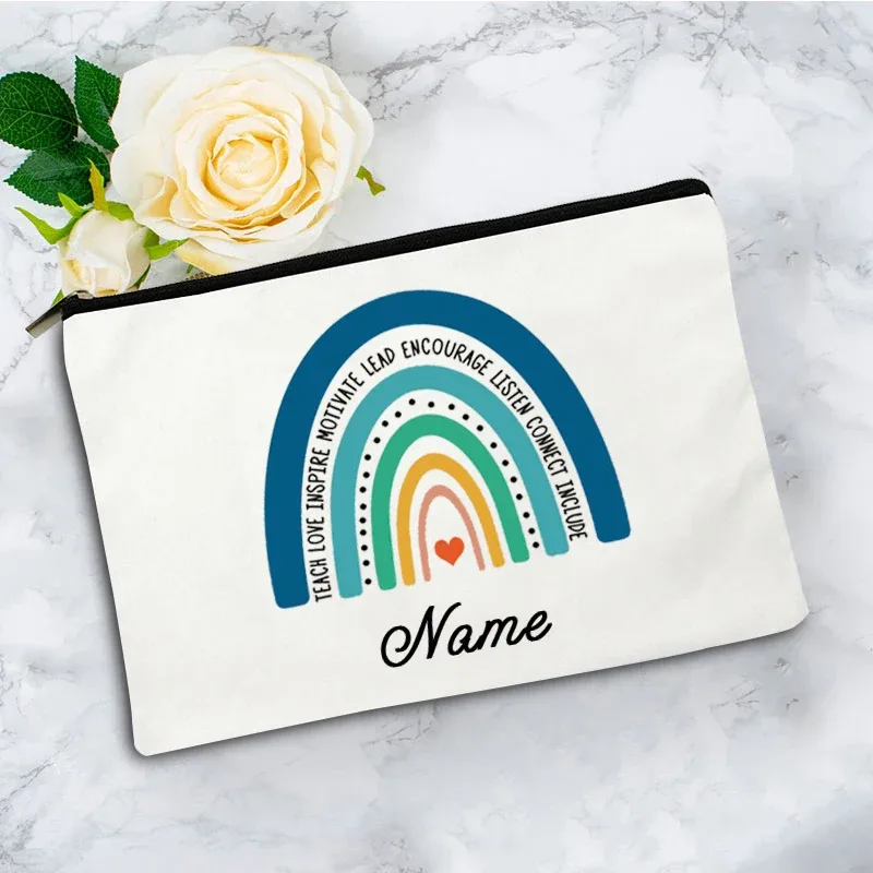 trousse de maquillage bohème arc-en-ciel personnalisée avec nom, trousse de toilette de voyage, cadeau d'anniversaire pour enseignant avec nom personnalisé