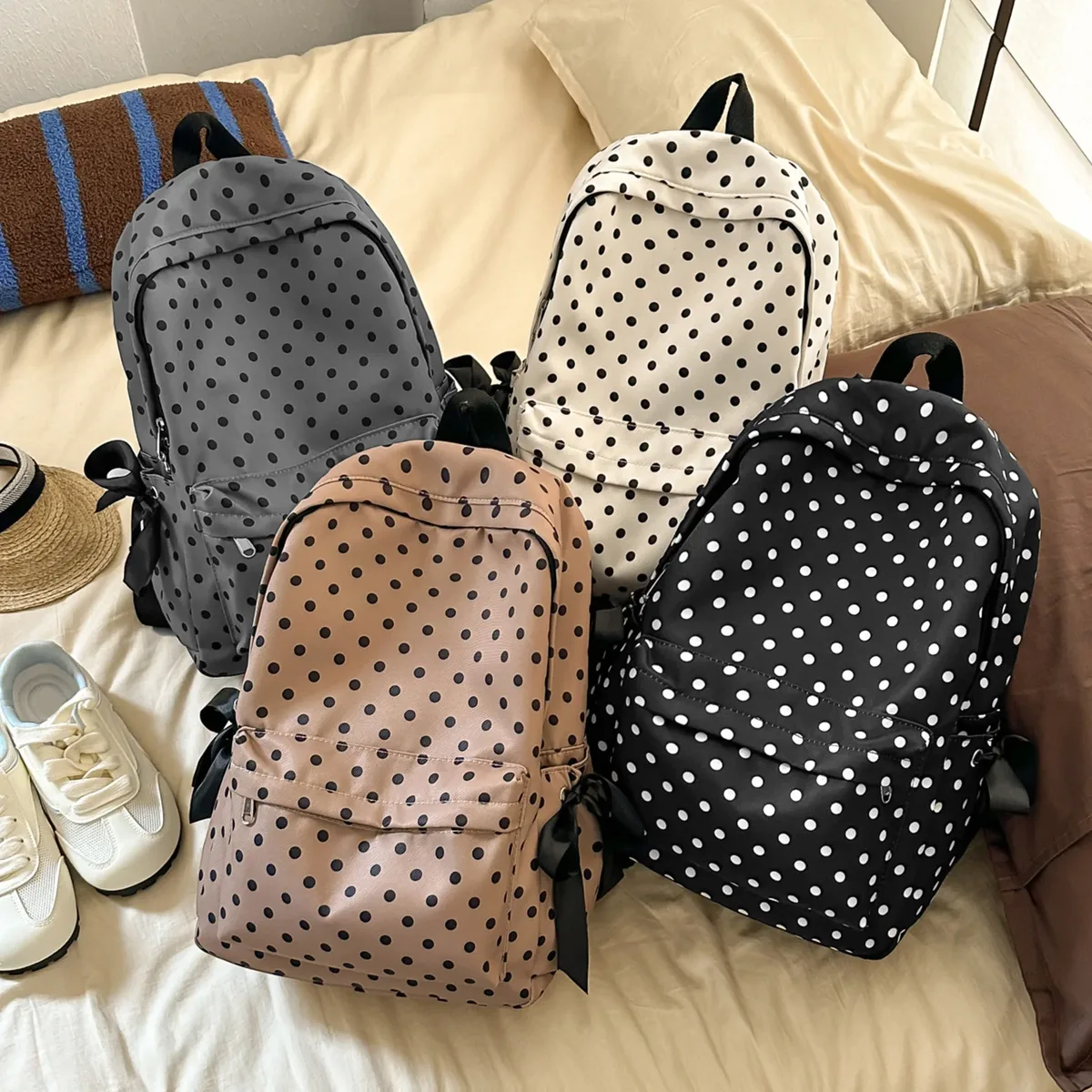 sac à dos scolaire mignon à pois, sac à dos en nylon kawaii, sac à dos esthétique pour filles, femmes, lycée, collège